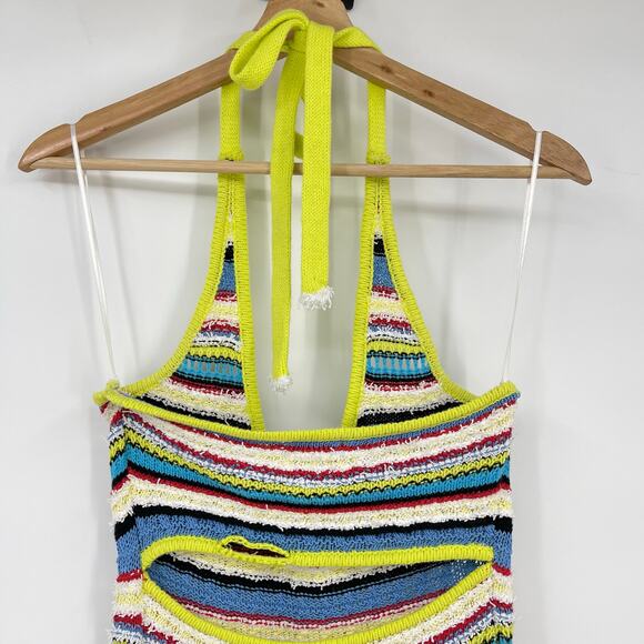 STAUD | Annabella Crochet Knit Striped Halterneck Maxi Dress in Pacific Reef S - Picture 8 of 11